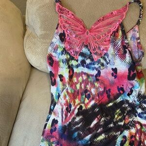 Colorful Abstract Print Dress with Pink Lace Detail